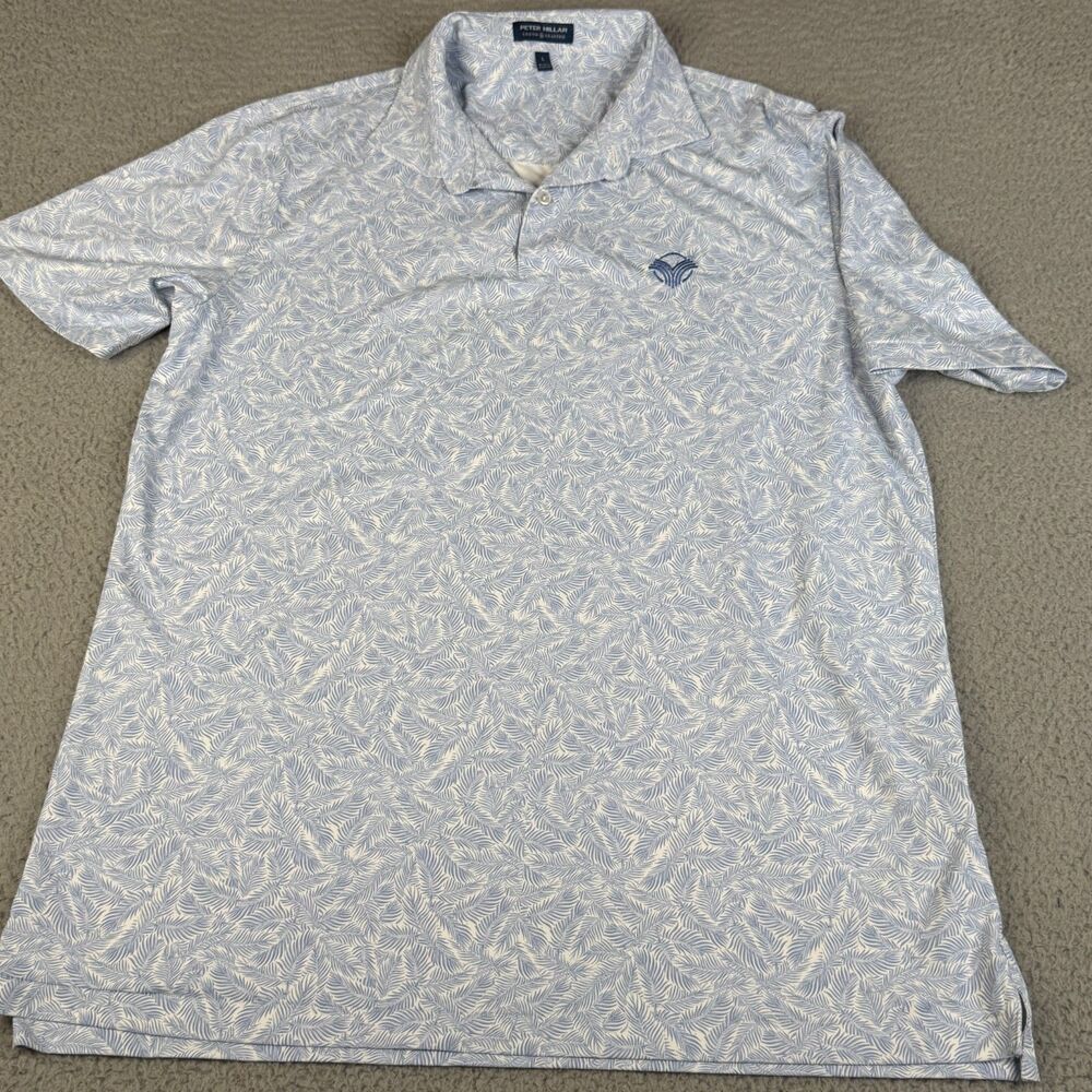 PETER MILLAR Crown Crafted Polo Shirt Mens Large Blue Palm Leaf Golf Performance